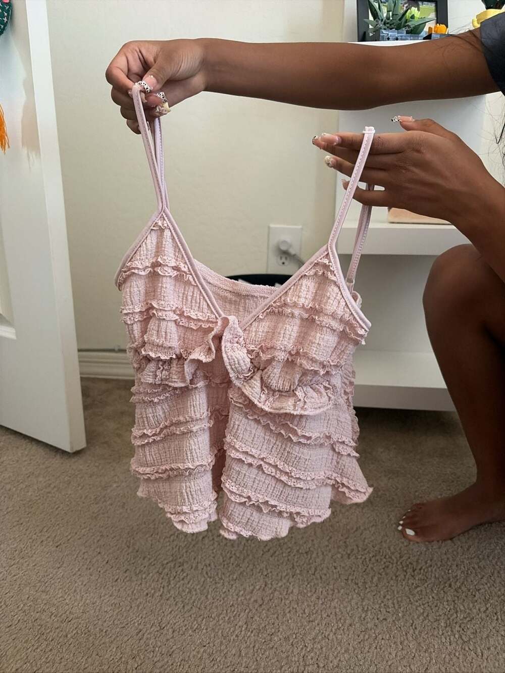 SHEIN Sweetina Textured Ruffle Trim Babydoll Cami Top